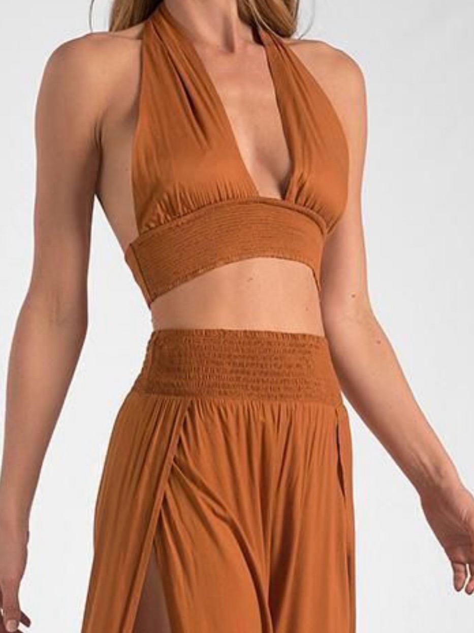 Elan Curry-Tone Halter Top In Warm Gold